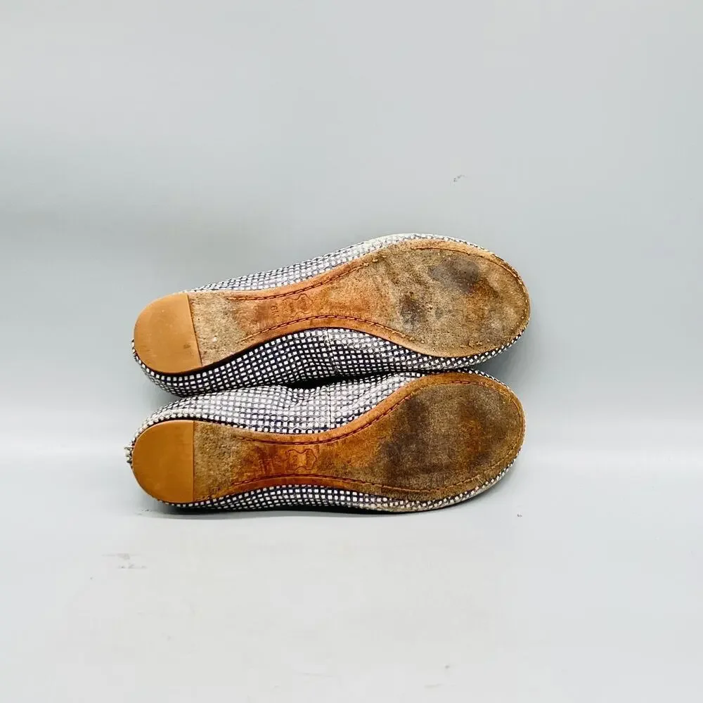 Tory Burch Shoes Womens 6 Silver Leather Check Logo Ballet Flats Slip On Party